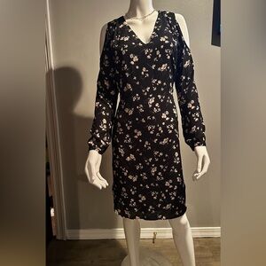 Ralph Lauren Black Flowers Dress Size 4 Open Shoulder Long Sleeve